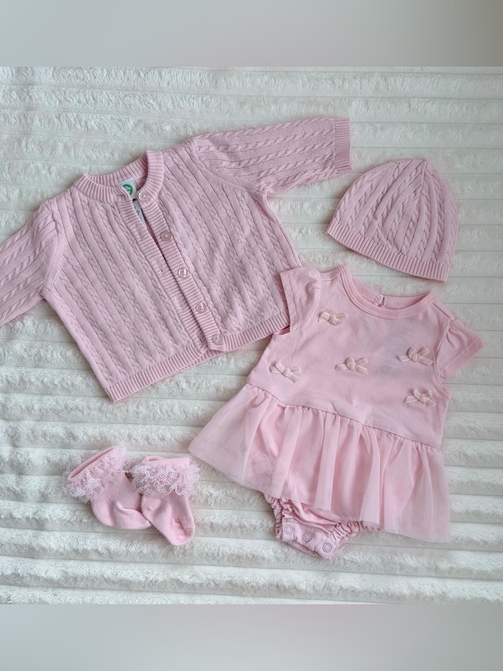 Little Me Pink Knit Cardigan, First Impression Tulle Dress, Hat & Lace Socks Set